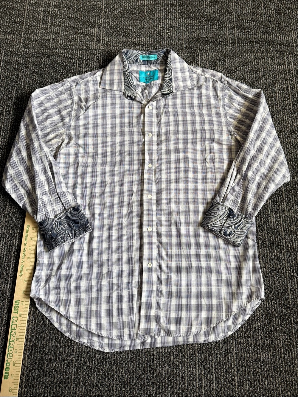 CHRISTIAN AUJARD Paris Men's Flip Cuff Blue/White Plaid Shirt Size L